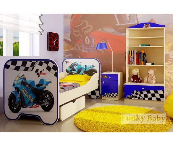 Кровать с ящиком серии Мотогонки + стеллаж и тумба Фанки Авто 