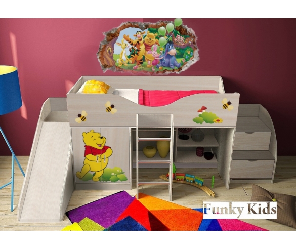 Кровать-чердак Винни Пух с горкой 13/18 и тумбой-лестницей 13/19