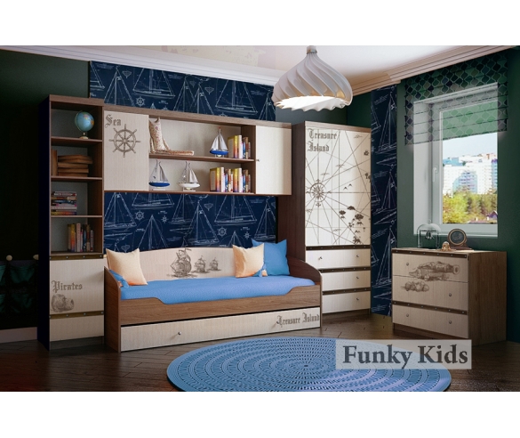 Мебелья для детских комнат серии Пираты: кровать + угловой шкаф + стеллаж + стол письменный + пенал узкий