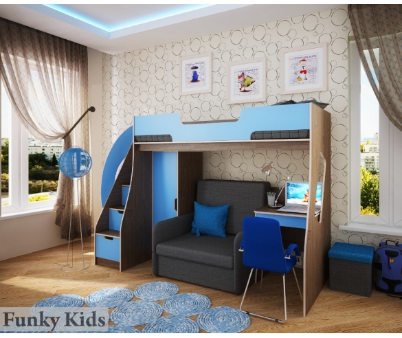 Двухъярусная кровать Фанки Кидз 23/1 + раскладное кресло Бланес 3 + стол 23/2 + шкаф 23/5 корпус венге / фасад голубой
