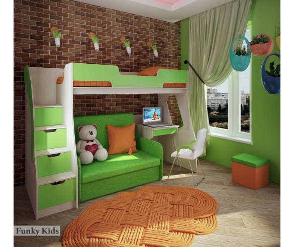 Кровать чердак с нишей 23/1 + диван Бланес 2 + стол письменный 23/2 + пуф ПФ1 корпус дуб кремона / фасад зеленый