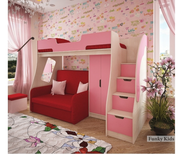 Двухъярусная кровать Фанки Кидз 23/1 + кресло Бланес 2 + шкаф 23/4 корпус дуб кремона / фасад розовый