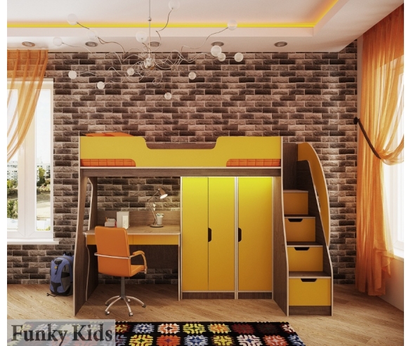 Кровать чердак Фанки Кидз 23/1 + шкаф двухстворчатый 23/4 + шкаф 23/5 + стол 23/3 корпус венге / фасад желтый