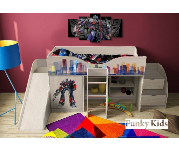 Трансформер, арт. 40018 - кровать-чердак для мальчиков с тумбой-лестницей и горкой 