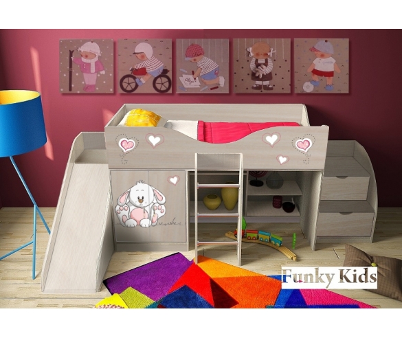 Кровать-чердак для детей Зайка, арт. 40015 с горкой и лестницей 