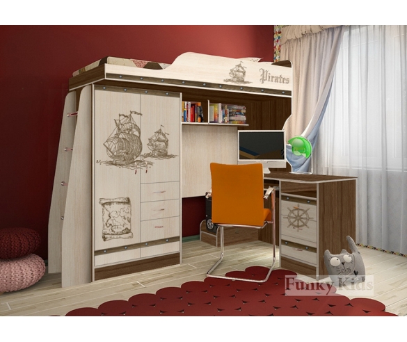 Комплект детской мебели Пираты: кровать-чердак ПР-4/1 + стол письменный 13/1, цвет корпуса - дуб шамони 