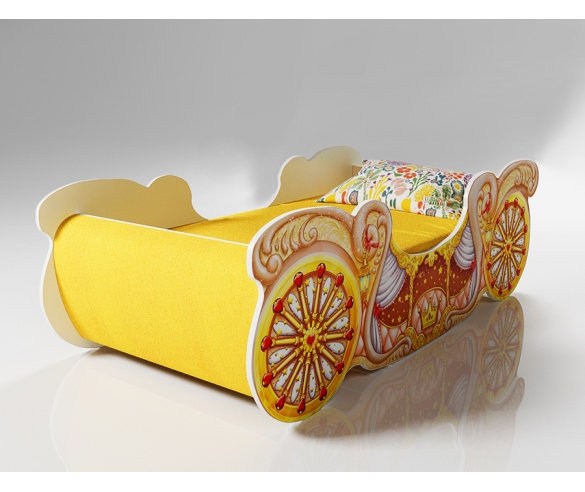 Кровать-карета мини для девочек с мягкими накладками в желтом цвете 