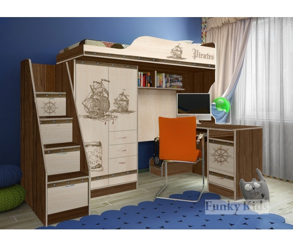 Кровать-чердак Пираты ПР-4/1 + тумба-лестница ПР-13/8 + стол ПР-13/1, цвет корпуса - дуб шамони