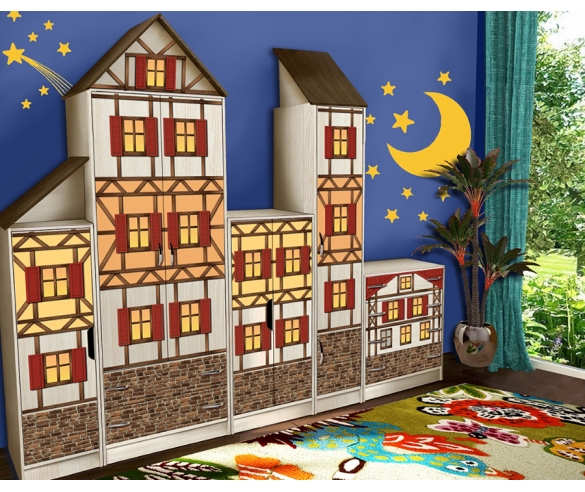 Детская серия мебели Фанки Кидз Домик - готовая стенка для хранения детских вещей