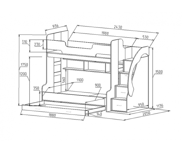 Кровать для троих детей Фанки Тревел ФТР-21 - размеры и схема  