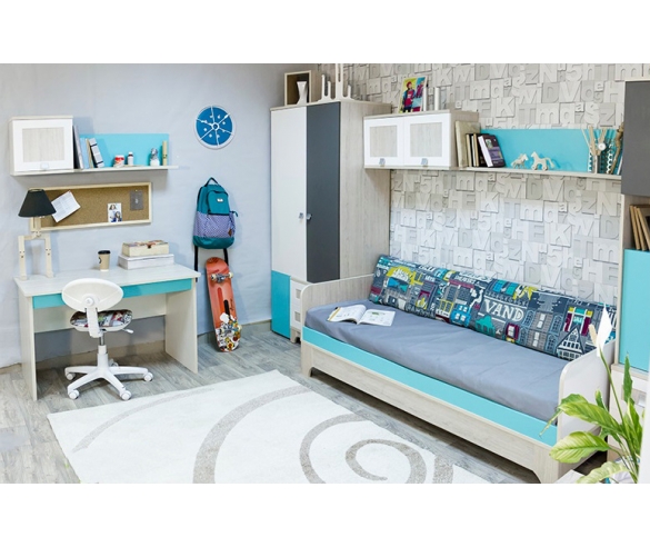 Мебель Индиого для детских и подростковых комнат, древесный пикар + аква + белый + серый 