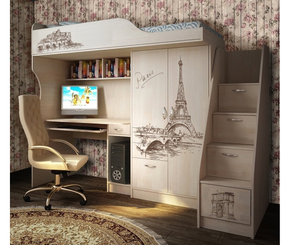 Детская кровать-чердак Фанки Тревел ФТР-4 и тумба-лестница ФТР-13/8, дуб кремона/дуб кремона