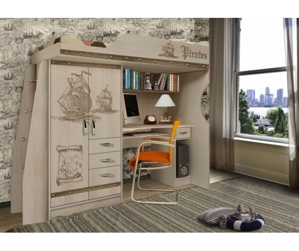 кровать-чердак Пираты ПР-4 для детей, дуб кремона/дуб кремона