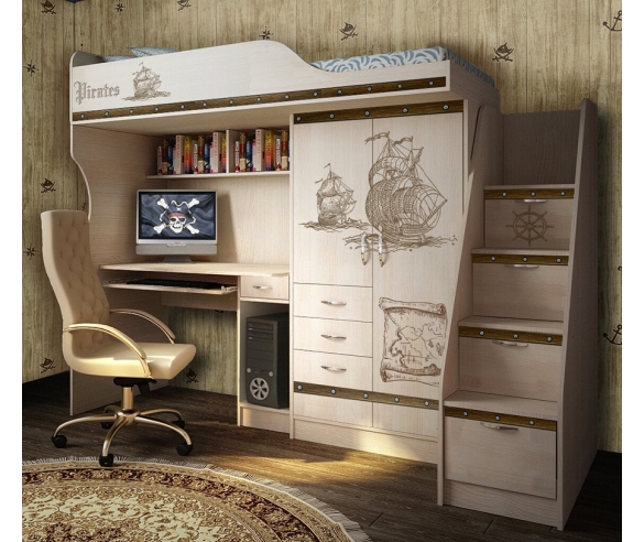 детская кровать-чердак Пираты с письменным столом и лестницей-комодом