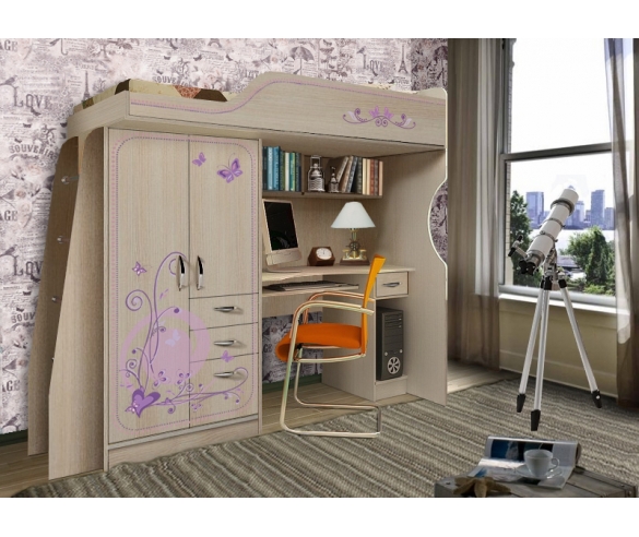 Детская кровать-чердак Фанки Кидз Лилак 4 с письменным встроенным столом 
