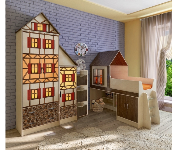 Мебель Фанки Кидз Домик: кровать-чердак 6/2 + шкаф 13/3 + антресоль + пенал 23/5 + антресолька угловая + стеллаж 13/69 с ящиками 13/70 