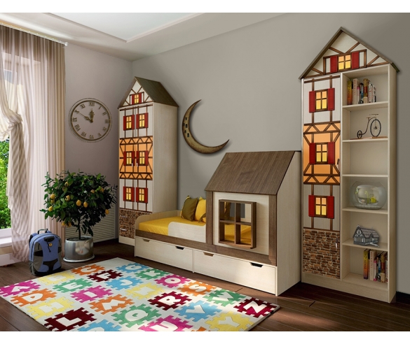 Детская одноярусная кровать + шкаф + стеллаж серии Фанки Кидз Домик 