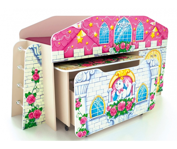 Кровать-чердак КЧ-6 + выкатной столик на колесах СТ-5 + выкатной ящик ЯЩ-8 серия Замок Принцесса
