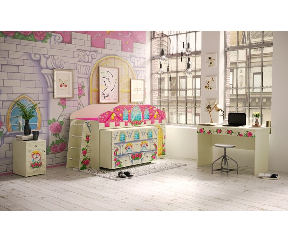 Мебель Замок Принцессы для девочек: кровать-чердак с тумбой встроенной КЧ-8, письменным столом СТ-4 и тумбой Т-5