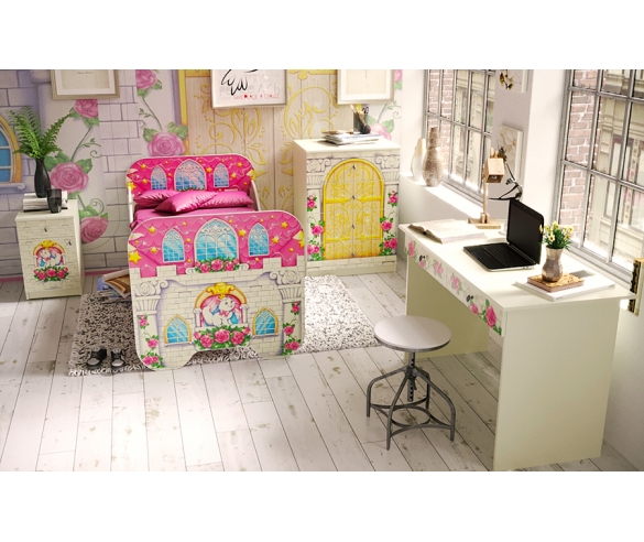 Комната для девочки серии Замок Принцессы: кровать КР-6 + комод К-1 + тумба Т-5 и письменный стол СТ-4