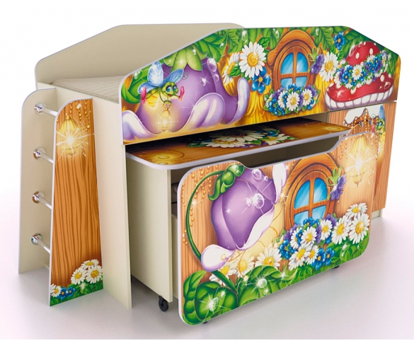 Кровать-чердак Лесная сказка с выкатным ящиком и столом 