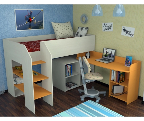 Кровать-чердак Теремок 3 Лестница слева Дуб молочный/Оранжевый