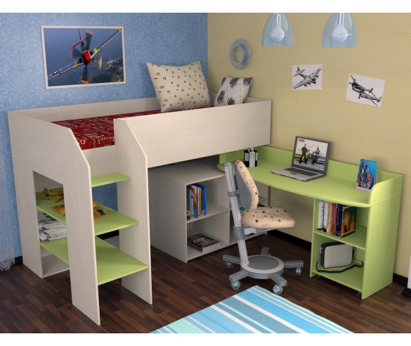 Кровать-чердак Теремок 3 Лестница слева Дуб молочный/Салатовый