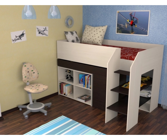 Кровать-чердак Теремок 3 Лестница справа Дуб молочный/Венге