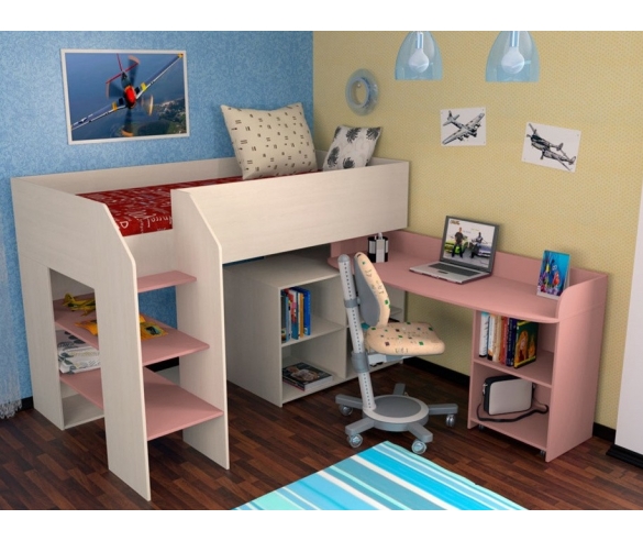 Кровать-чердак Теремок 3 Лестница справа Дуб молочный/розовый