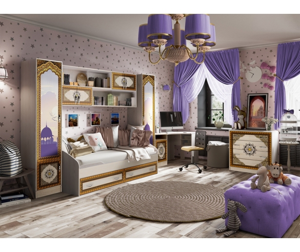 Детская комната Жасмин: кровать+мост+шкаф+пенал+стол+комод