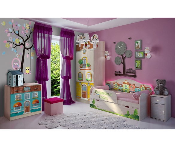 Детская комната Волшебный Город: одноярусная кровать с бортиком+двухдверный шкаф+комод+тумба 