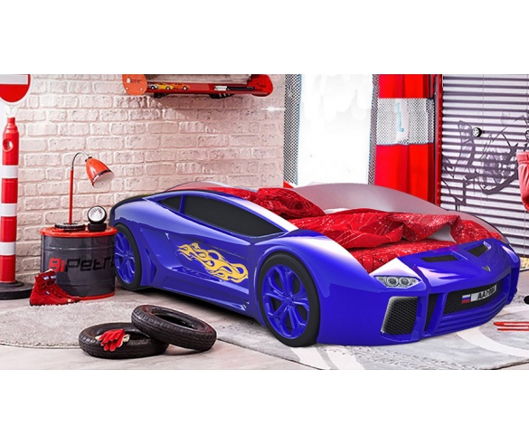 Объемная кровать-машина Ламборджини в интерьере - синяя машина  