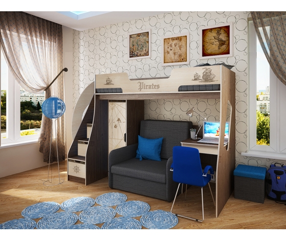 Детская кровать-чердак Пираты ПР-23/1 + диван Бланес 3 + пенал 23/5 + стол 23/2 - готовая комната 