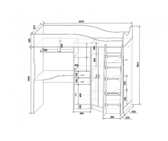 Схема детской кровати Фанки Кидз 7 для детей и подростков 