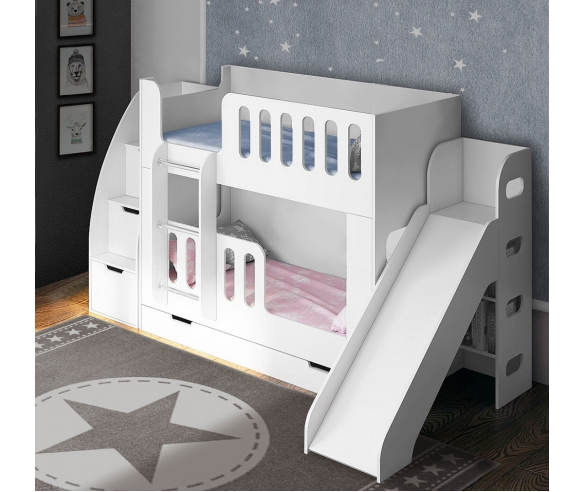 Двухъярусная кровать Сказка с тумбой-лестницей, ящиком и горкой