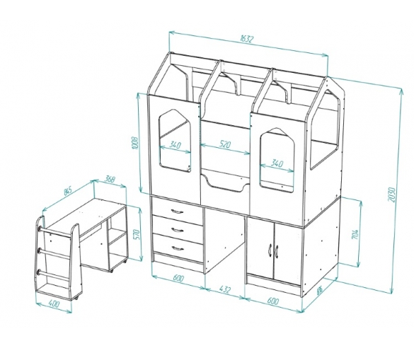 Схема с размерами кровати чердака ДС-14 Лилак
