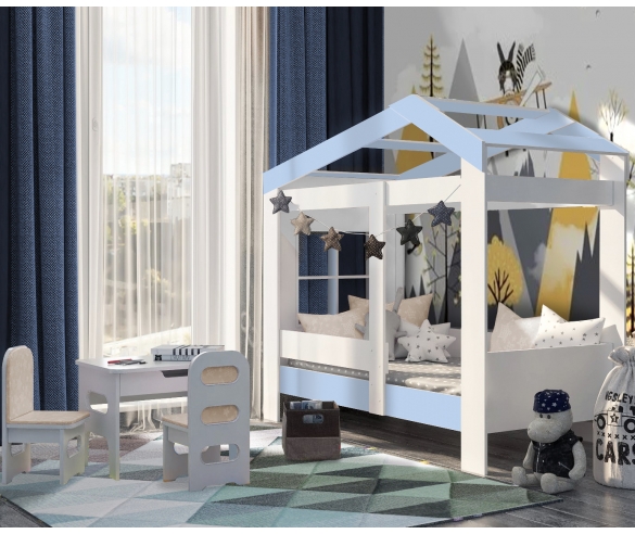 кровать домик Сказка ДС-32 в голубом цвете