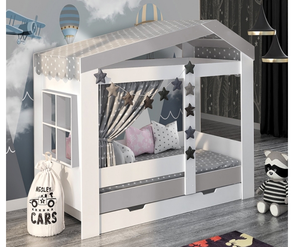 Кровать-домик ДС-32 с отделкой в сером цвете