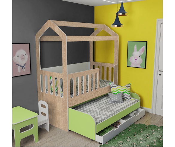 Кровать ДС-36 в цвете Дуб Бардолино с нижней кроватью в салатовом цвете