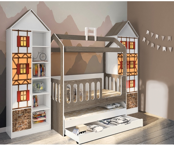 Кровать Домик ДС-35 в цвете Дуб Шамони и шкафы-домики с антресолями