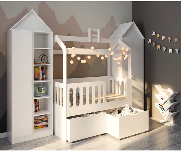 Кровать с высокими ящиками ДС-35 со шкафами-домиками