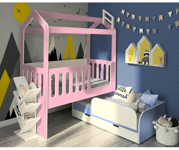 Розовая кровать ДС-35.1 с выдвижной кроватью в голубом цвете