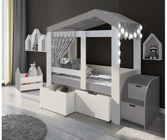 Кровать ДС-36 с высокими ящиками: отделка в сером цвете