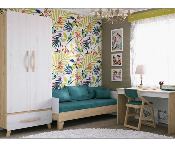 Кровать одноярусная без нижнего ящика серии Риган+ письменный стол+ шкаф двухдверный + растущий стул