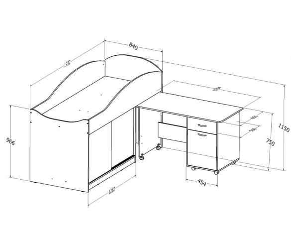 Кровать-чердак "Дюймовочка 3" с выкатным столом, Схема