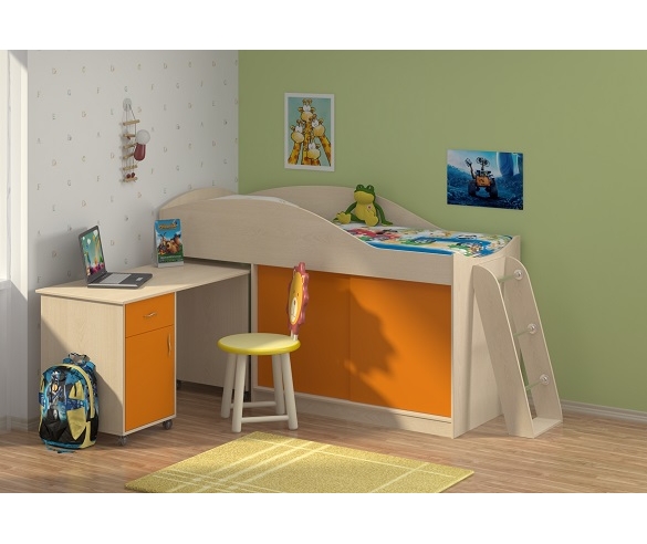 Кровать-чердак "Дюймовочка 3" с выкатным столом. Корпус: Дуб молочный , Фасад: Оранжевый