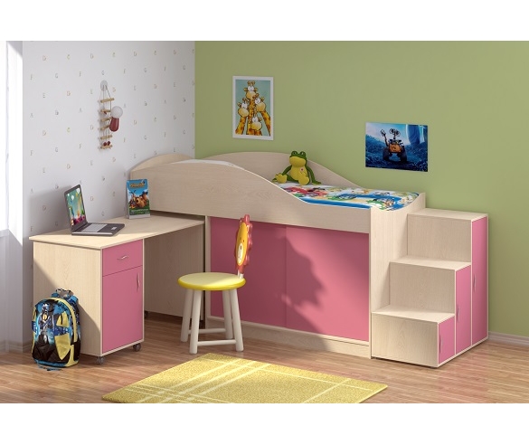Кровать-чердак "Дюймовочка 3" с выкатным столом. Корпус : Дуб Молочный, Фасад : Розовый