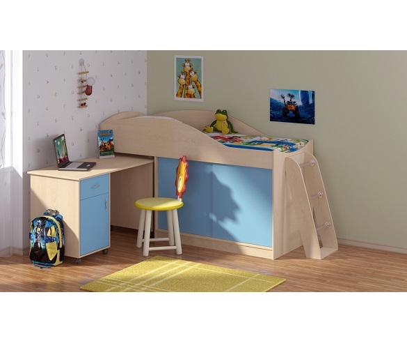 Кровать-чердак "Дюймовочка 3" с выкатным столом. Корпус : Дуб Молочный, Фасад : Голубой