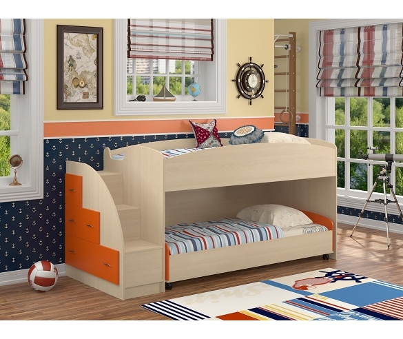 Кровать двухъярусная "Дюймовочка-4" Корпус: Дуб Молочный,Фасад: Оранжевый