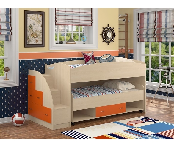 Кровать двухъярусная "Дюймовочка-4" Корпус: Дуб Молочный,Фасад: Оранжевый